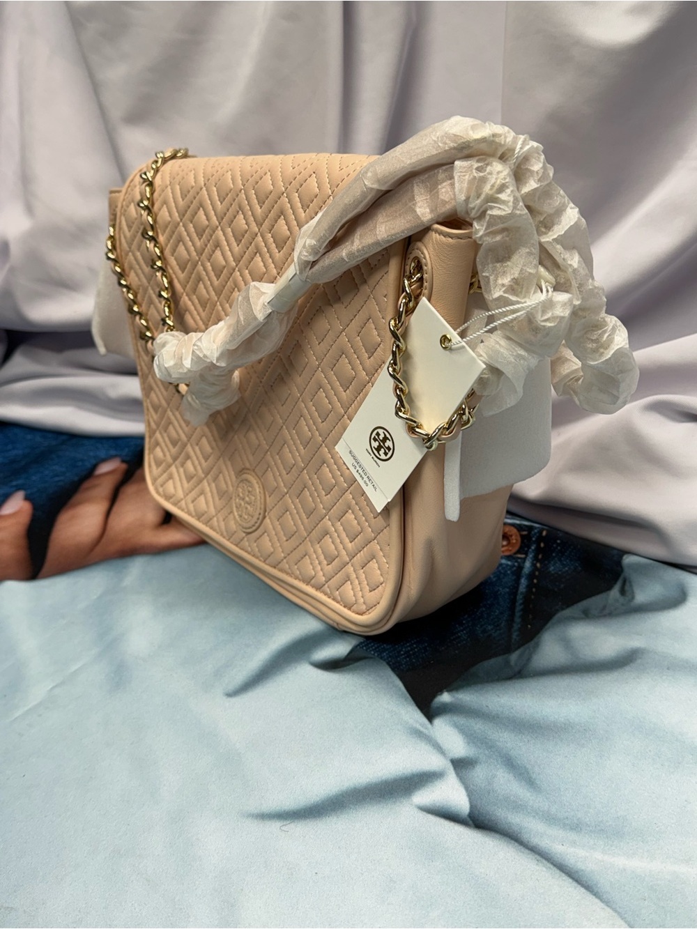 (new+tag) Tory Burch Quilted Chain Shoulder Bag / Crossbody Pale Pink Apricot - Picture 13 of 17